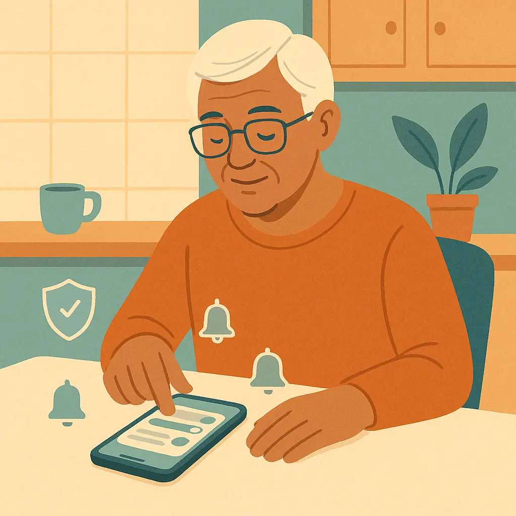 Older adult calmly organizing phone notification settings